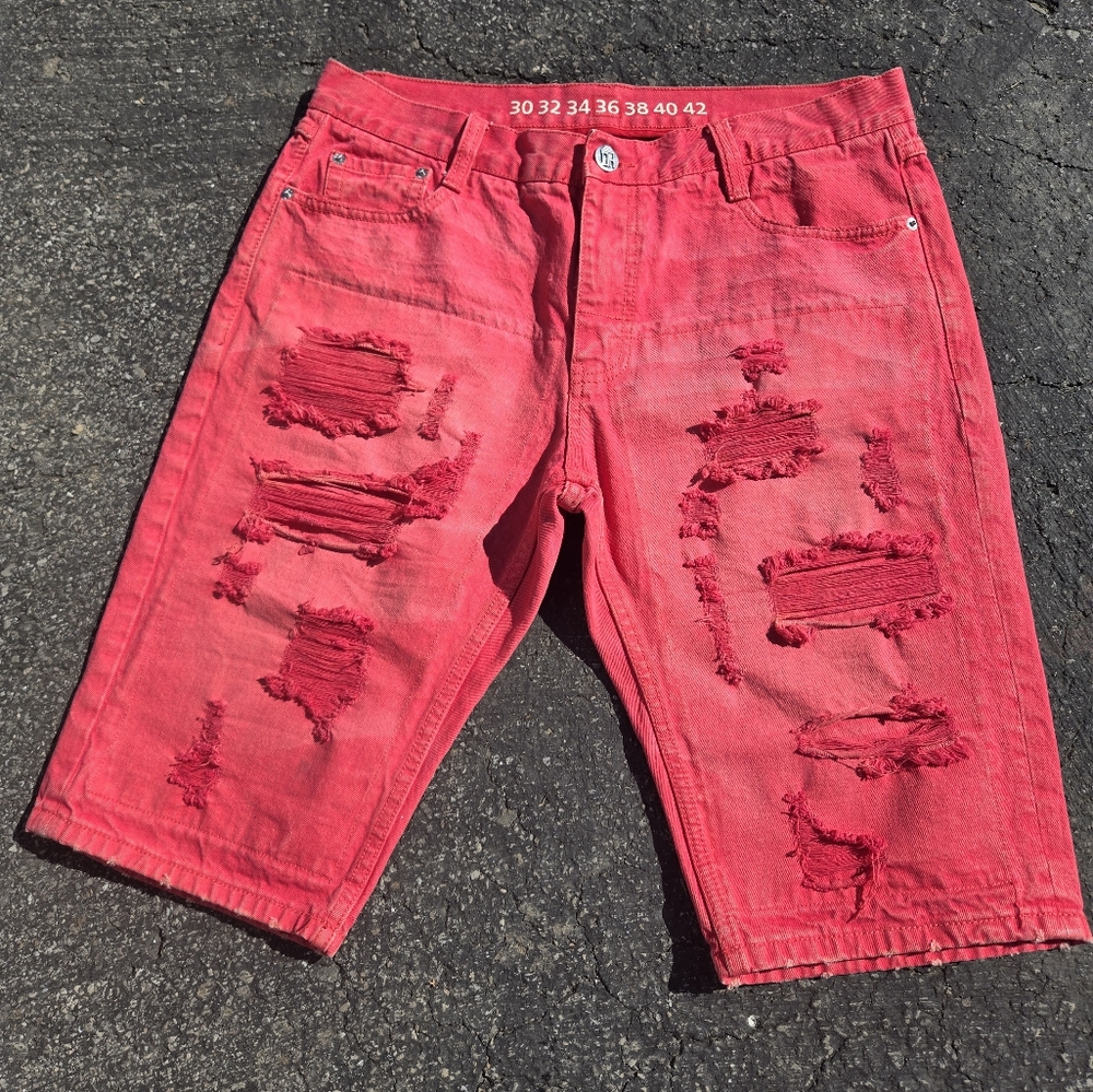 Denim House Ripped Frayed Raw Hem Red Denim Short Size 36 W